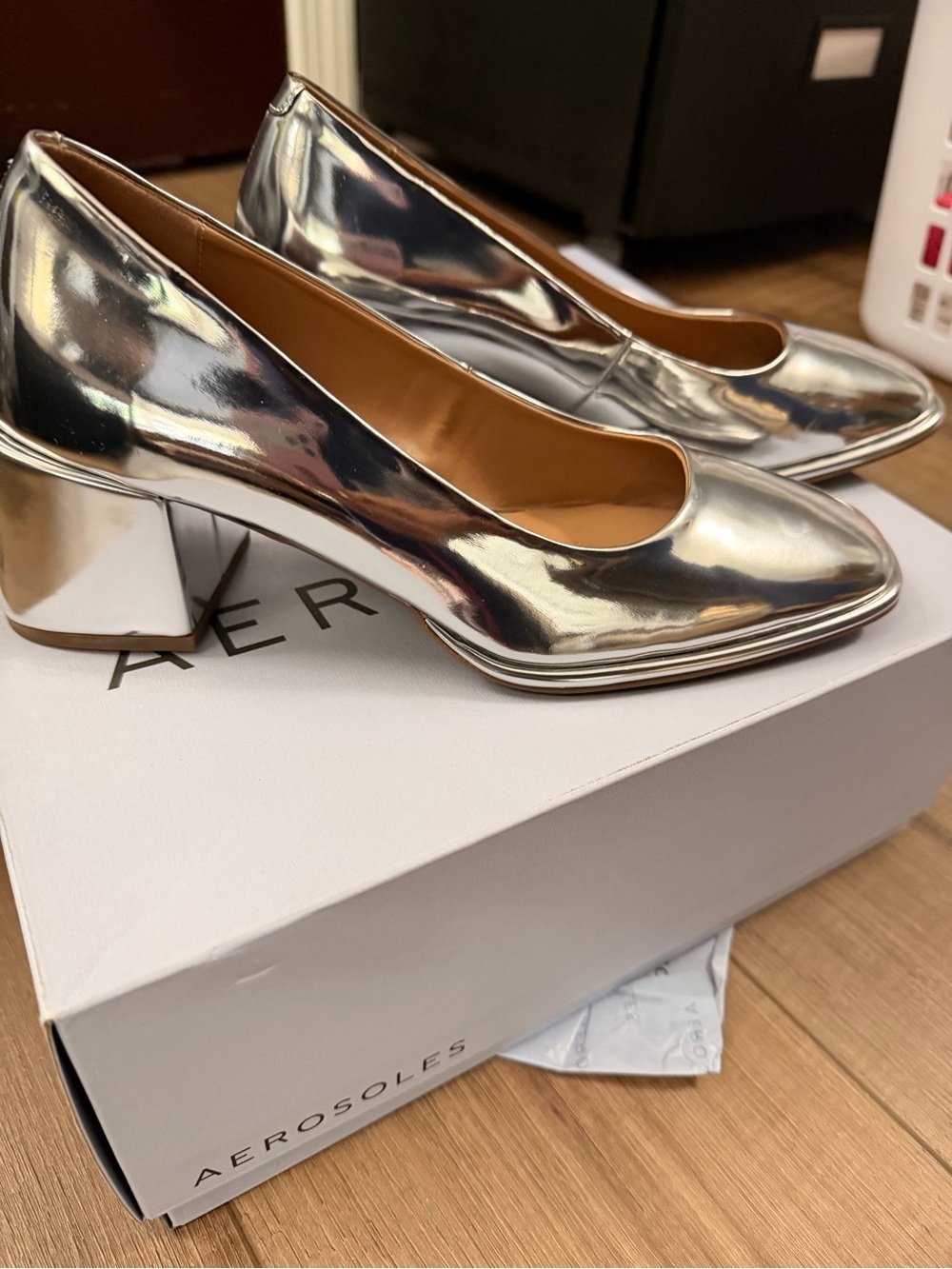 AEROSOLES Silver Metallic Block Heel Pumps